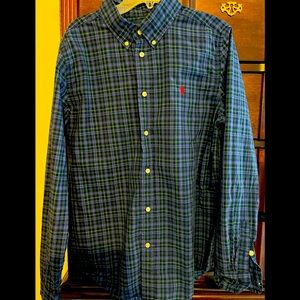 Size XL (18/20) boys Ralph Lauren navy/red/green/yellow button down shirt.
